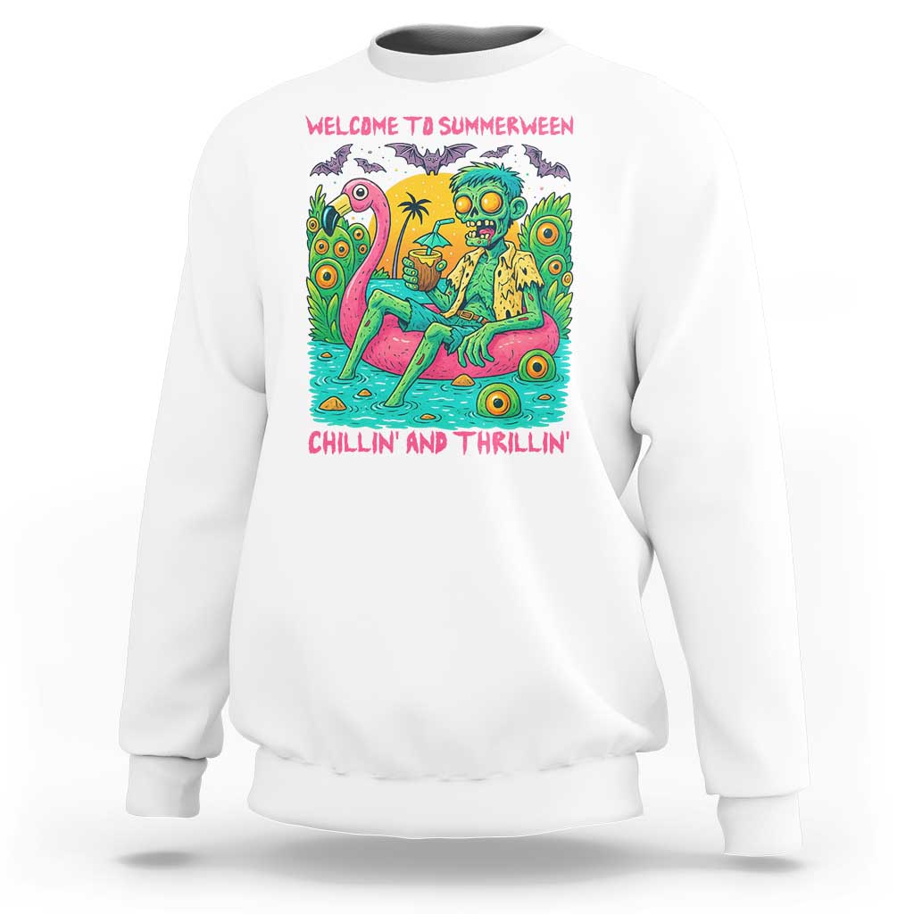 Summerween Zombie Pool Party Sweatshirt Chillin and Thrillin Flamingo Float Summer Halloween