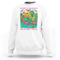 Summerween Zombie Pool Party Sweatshirt Chillin and Thrillin Flamingo Float Summer Halloween