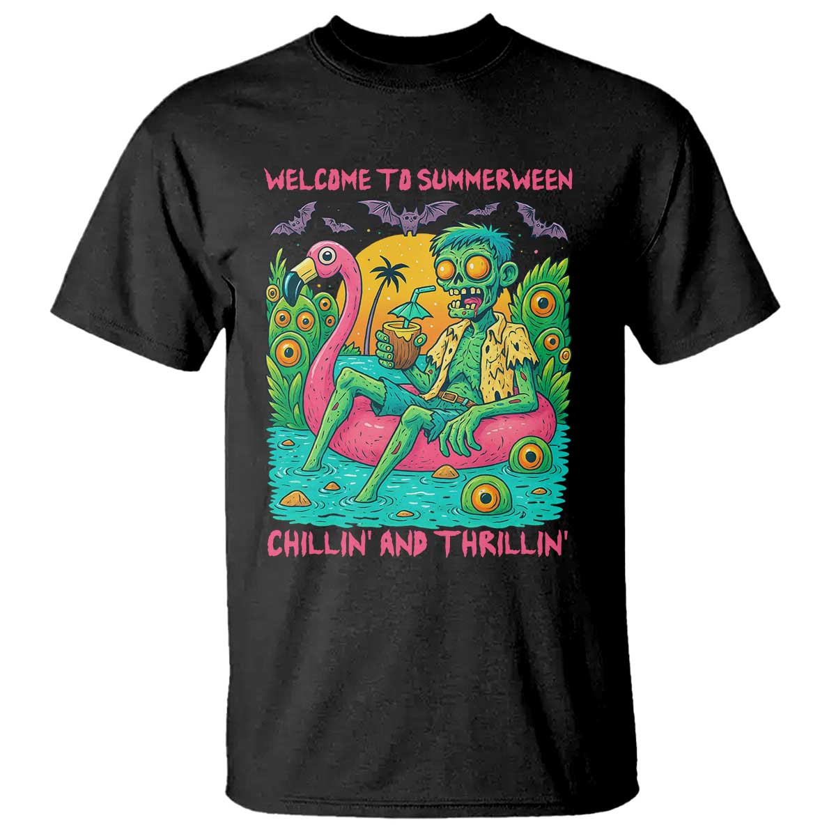 Summerween Zombie Pool Party T Shirt Chillin and Thrillin Flamingo Float Summer Halloween