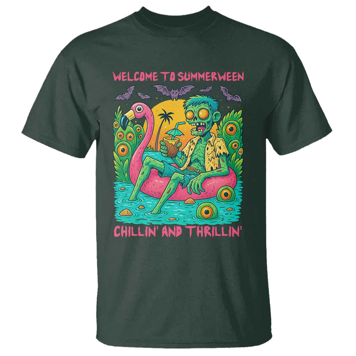 Summerween Zombie Pool Party T Shirt Chillin and Thrillin Flamingo Float Summer Halloween