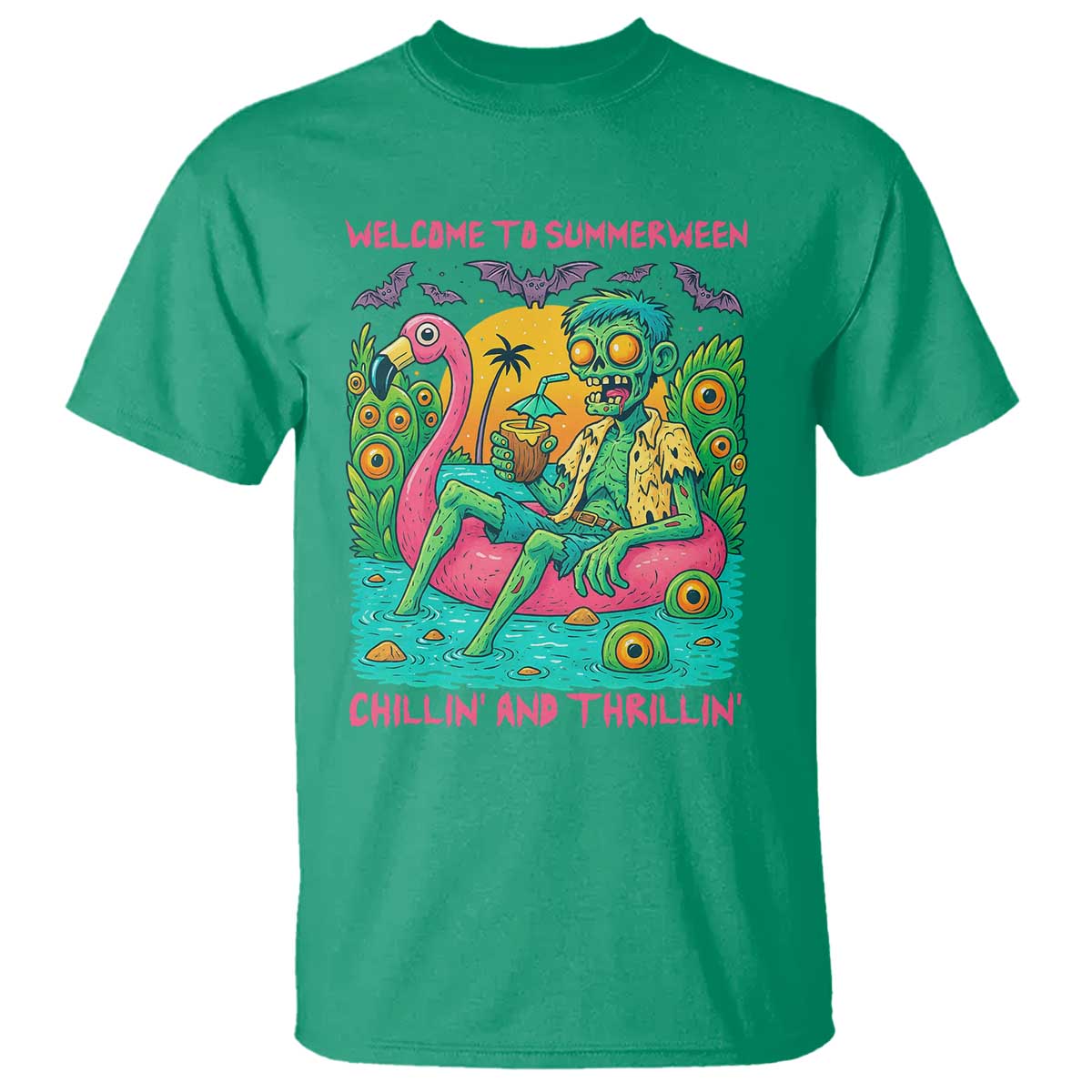 Summerween Zombie Pool Party T Shirt Chillin and Thrillin Flamingo Float Summer Halloween