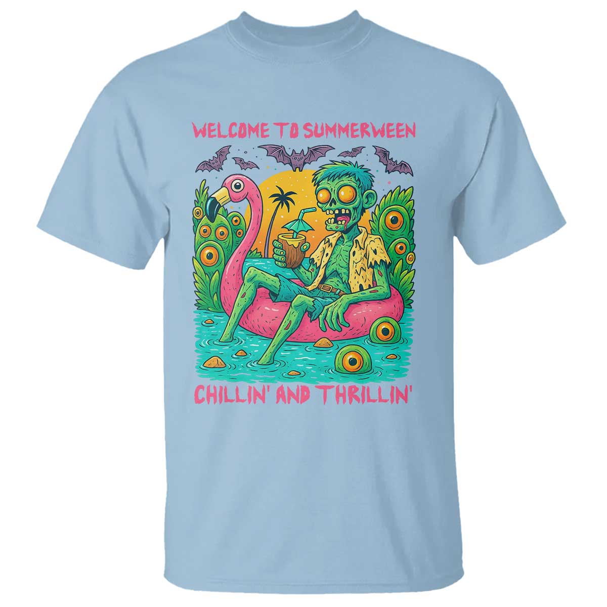 Summerween Zombie Pool Party T Shirt Chillin and Thrillin Flamingo Float Summer Halloween