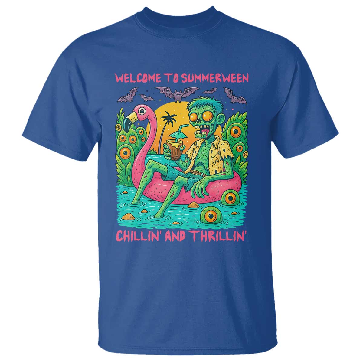 Summerween Zombie Pool Party T Shirt Chillin and Thrillin Flamingo Float Summer Halloween