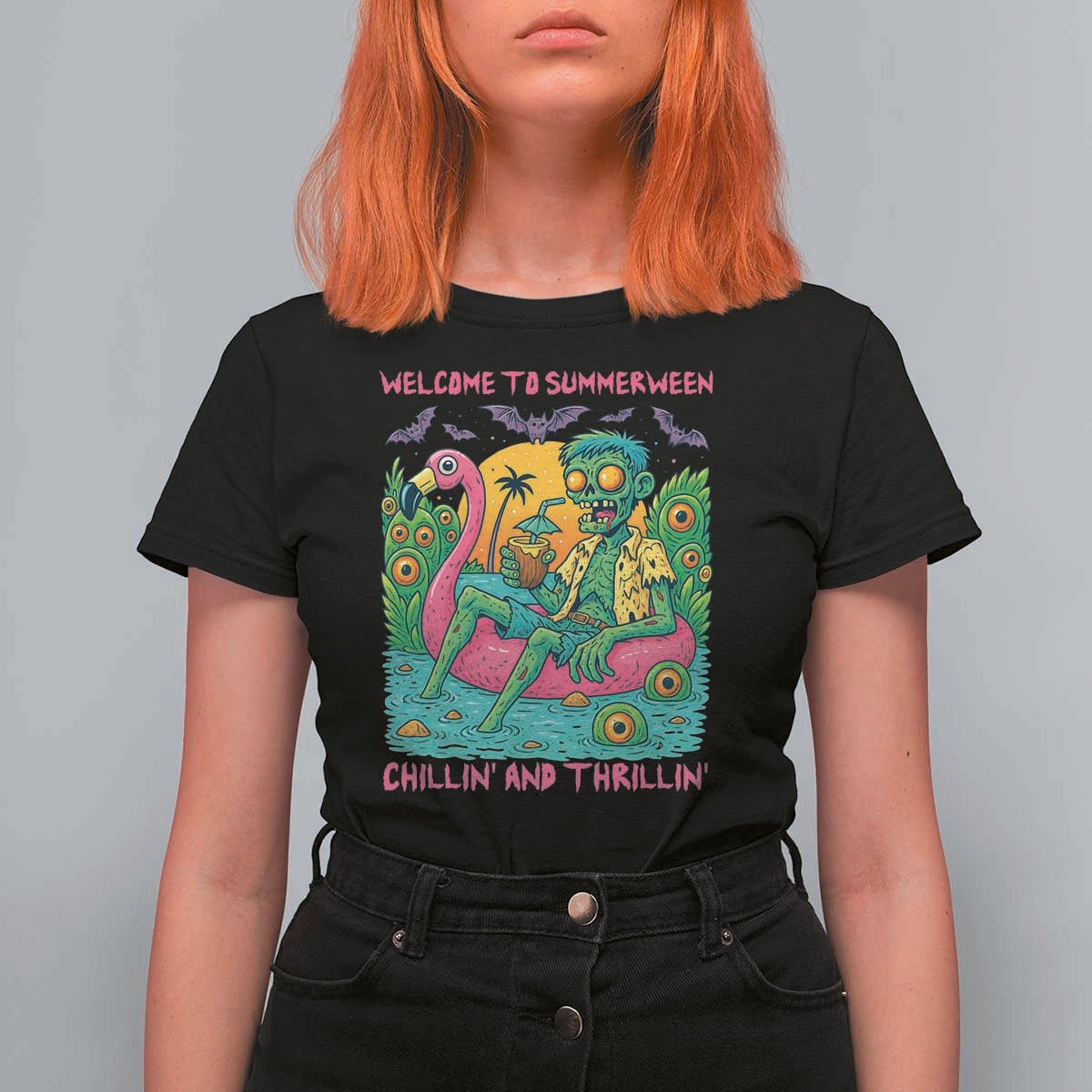 Summerween Zombie Pool Party T Shirt For Women Chillin and Thrillin Flamingo Float Summer Halloween