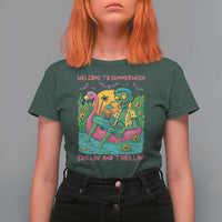 Summerween Zombie Pool Party T Shirt For Women Chillin and Thrillin Flamingo Float Summer Halloween