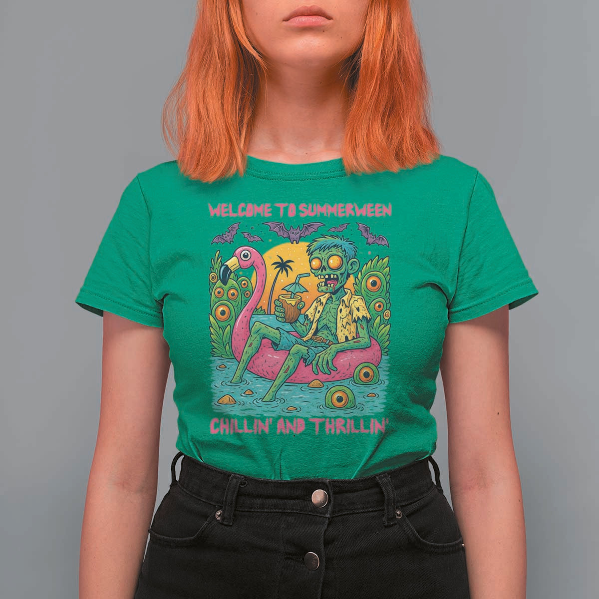 Summerween Zombie Pool Party T Shirt For Women Chillin and Thrillin Flamingo Float Summer Halloween