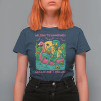 Summerween Zombie Pool Party T Shirt For Women Chillin and Thrillin Flamingo Float Summer Halloween