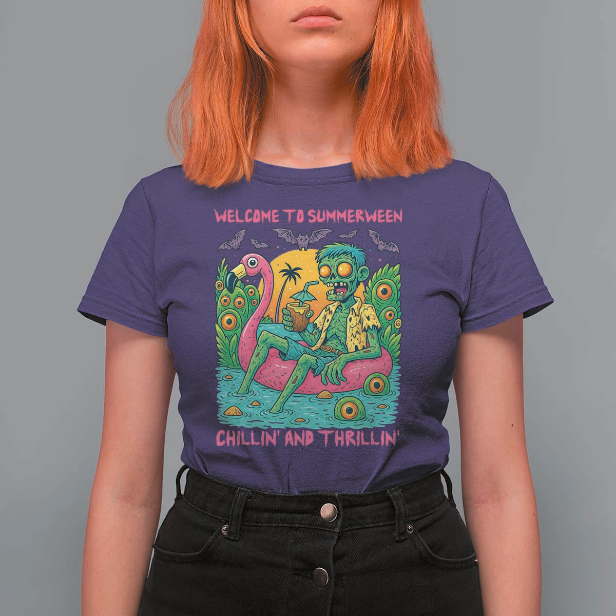 Summerween Zombie Pool Party T Shirt For Women Chillin and Thrillin Flamingo Float Summer Halloween