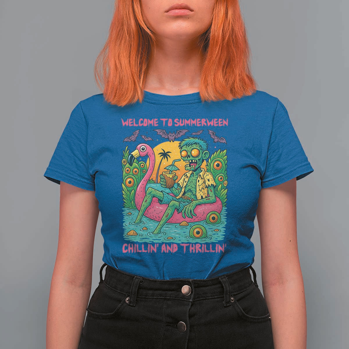 Summerween Zombie Pool Party T Shirt For Women Chillin and Thrillin Flamingo Float Summer Halloween