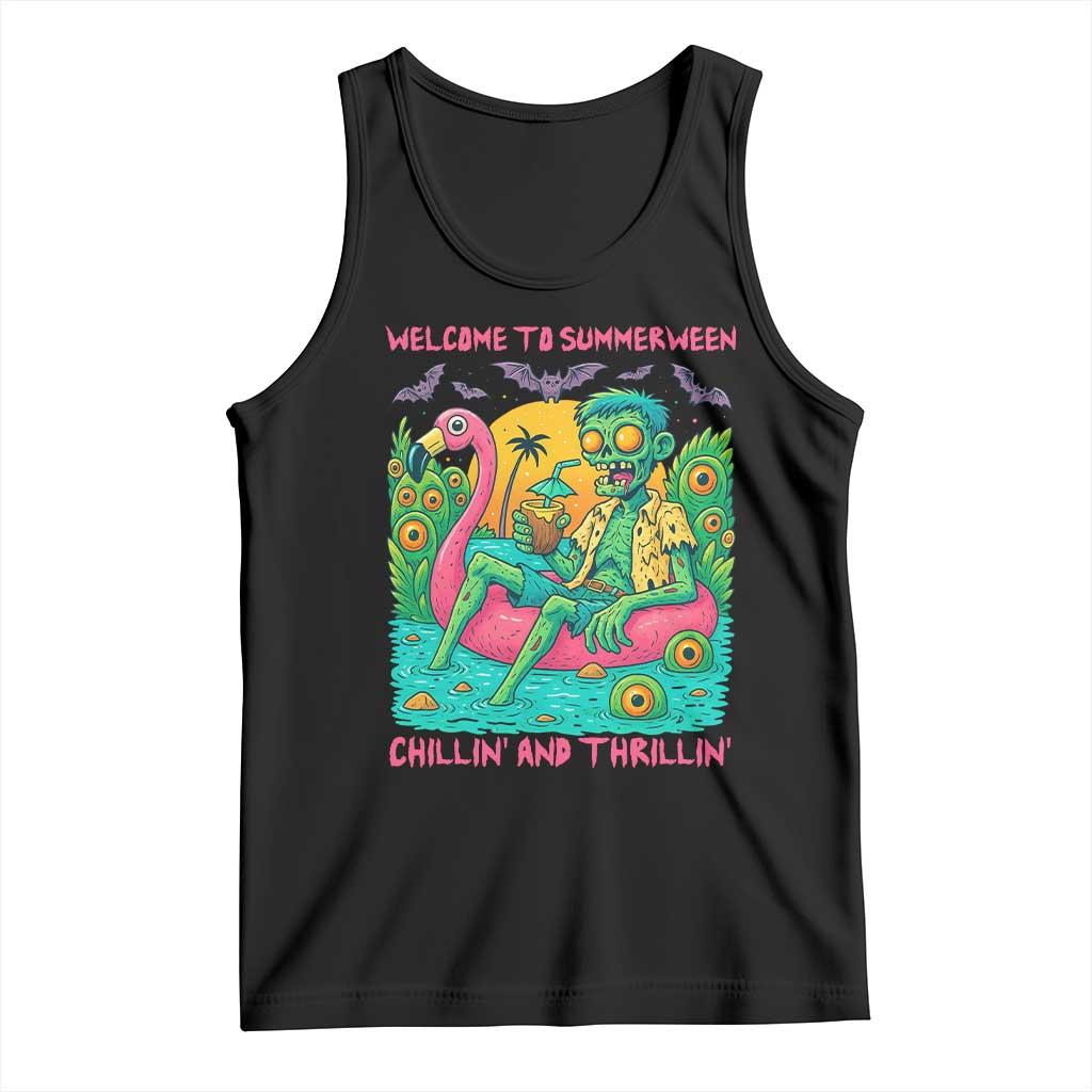 Summerween Zombie Pool Party Tank Top Chillin and Thrillin Flamingo Float Summer Halloween