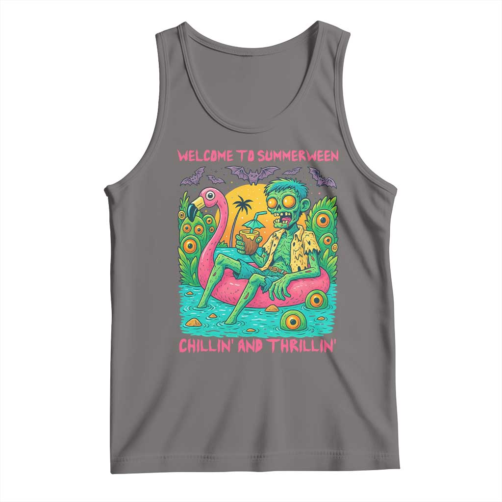 Summerween Zombie Pool Party Tank Top Chillin and Thrillin Flamingo Float Summer Halloween