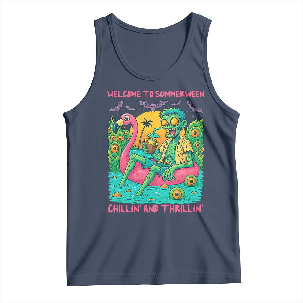 Summerween Zombie Pool Party Tank Top Chillin and Thrillin Flamingo Float Summer Halloween