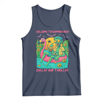 Summerween Zombie Pool Party Tank Top Chillin and Thrillin Flamingo Float Summer Halloween