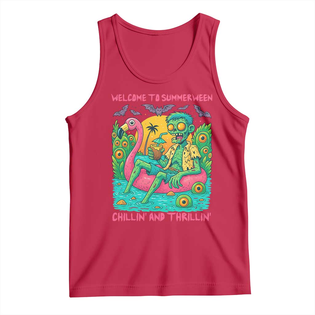 Summerween Zombie Pool Party Tank Top Chillin and Thrillin Flamingo Float Summer Halloween
