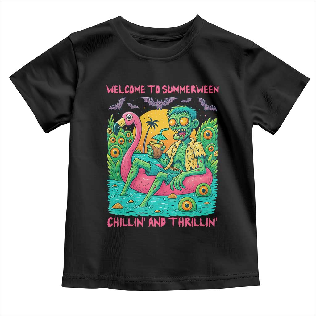 Summerween Zombie Pool Party Toddler T Shirt Chillin and Thrillin Flamingo Float Summer Halloween