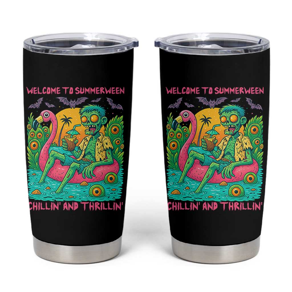 Summerween Zombie Pool Party Tumbler Cup Chillin and Thrillin Flamingo Float Summer Halloween