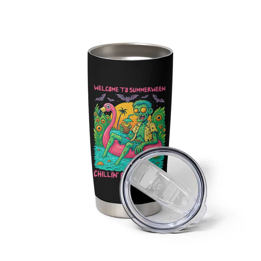 Summerween Zombie Pool Party Tumbler Cup Chillin and Thrillin Flamingo Float Summer Halloween