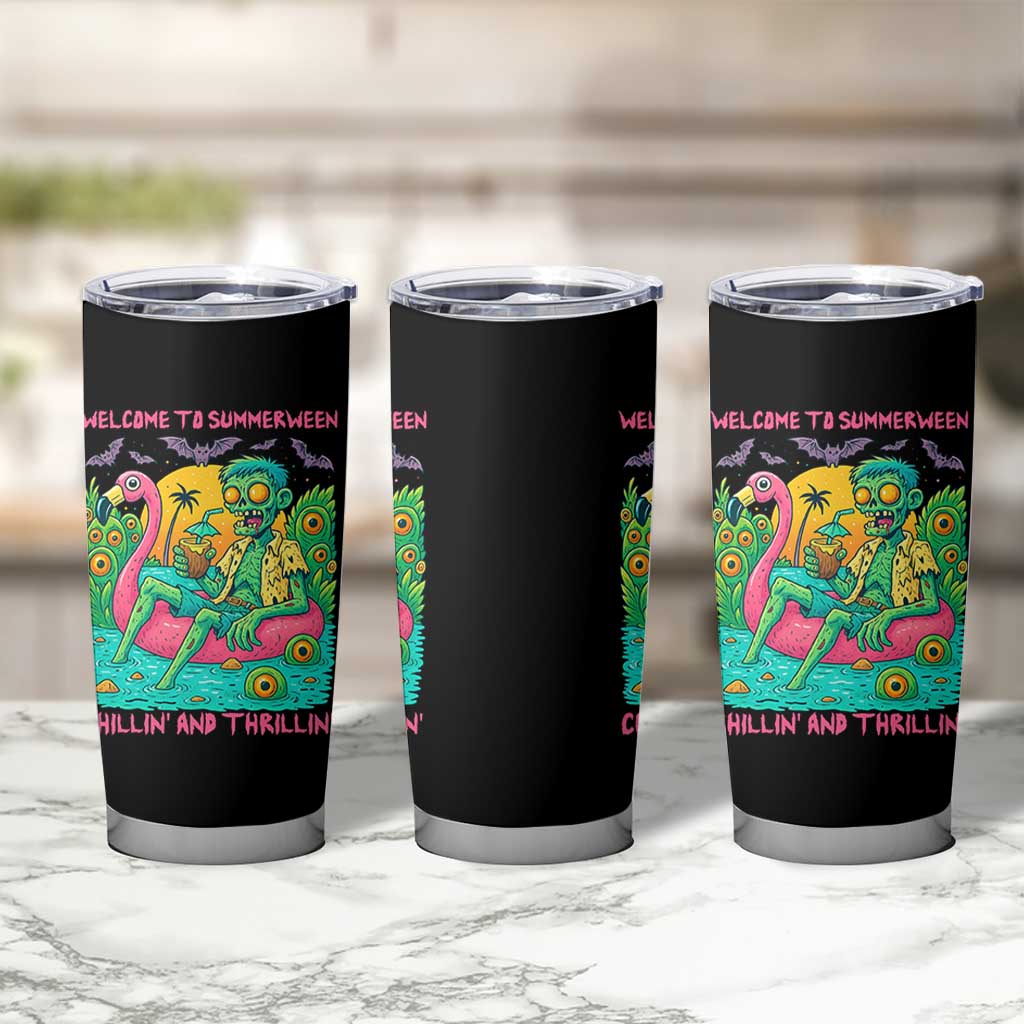 Summerween Zombie Pool Party Tumbler Cup Chillin and Thrillin Flamingo Float Summer Halloween