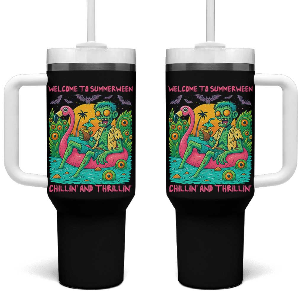 Summerween Zombie Pool Party Tumbler With Handle Chillin and Thrillin Flamingo Float Summer Halloween