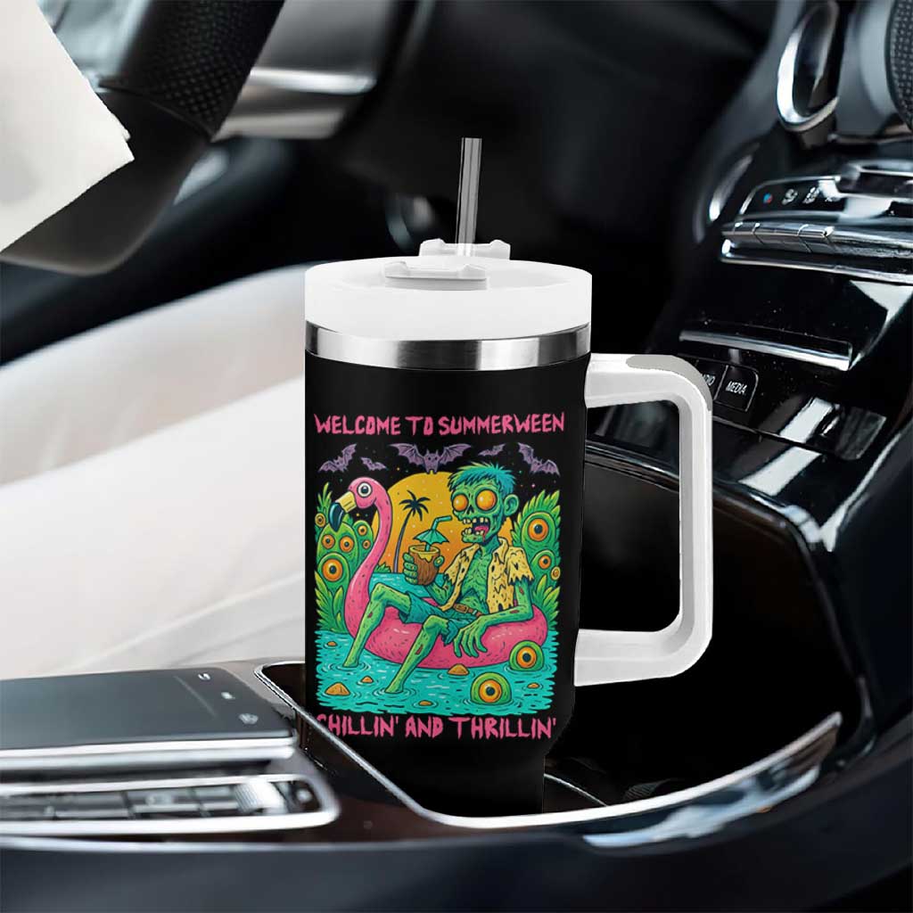 Summerween Zombie Pool Party Tumbler With Handle Chillin and Thrillin Flamingo Float Summer Halloween