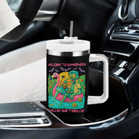 Summerween Zombie Pool Party Tumbler With Handle Chillin and Thrillin Flamingo Float Summer Halloween