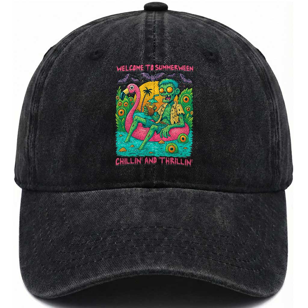 Summerween Zombie Pool Party Washed Cotton Baseball Cap Chillin and Thrillin Flamingo Float Summer Halloween