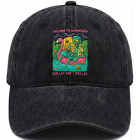 Summerween Zombie Pool Party Washed Cotton Baseball Cap Chillin and Thrillin Flamingo Float Summer Halloween