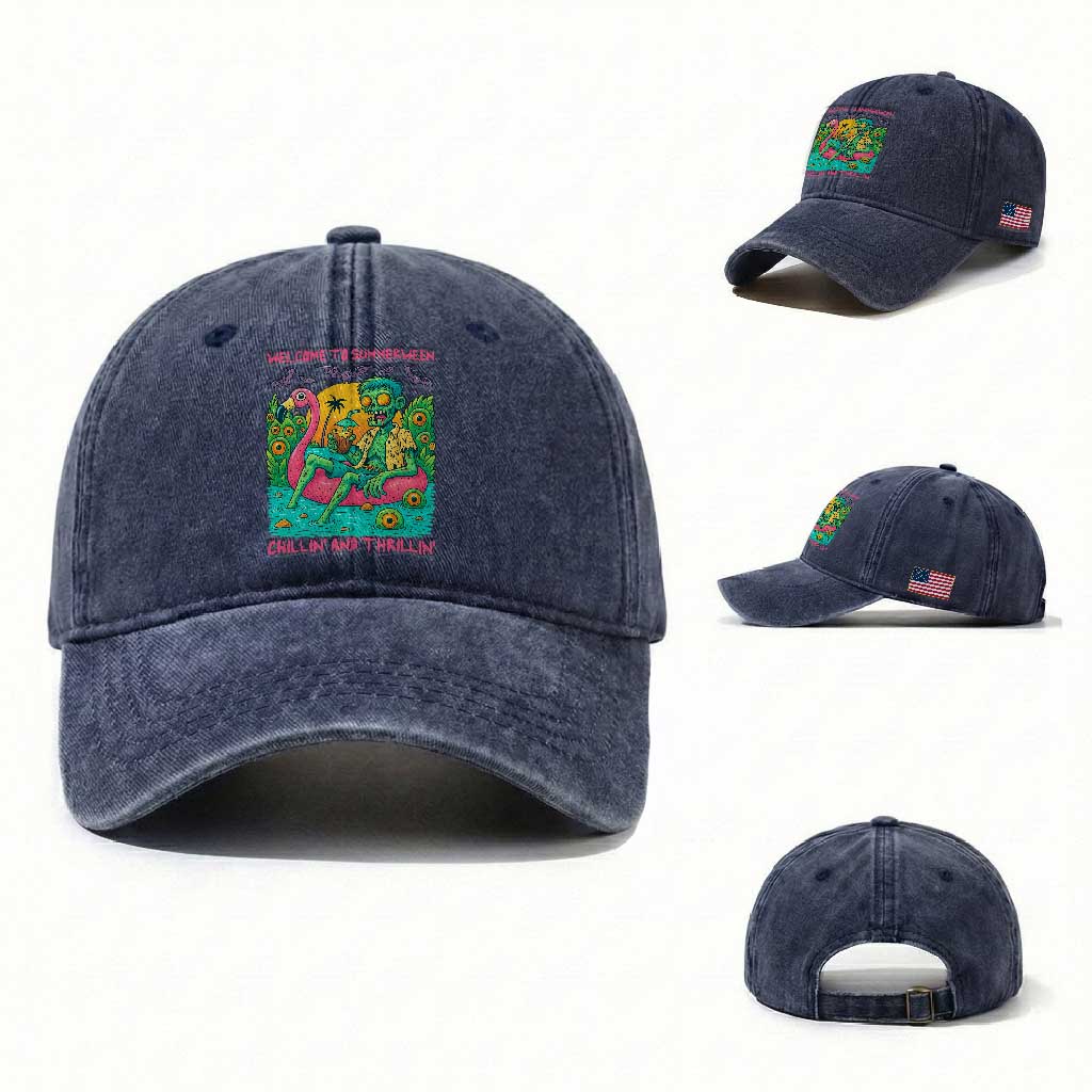 Summerween Zombie Pool Party Washed Cotton Baseball Cap Chillin and Thrillin Flamingo Float Summer Halloween