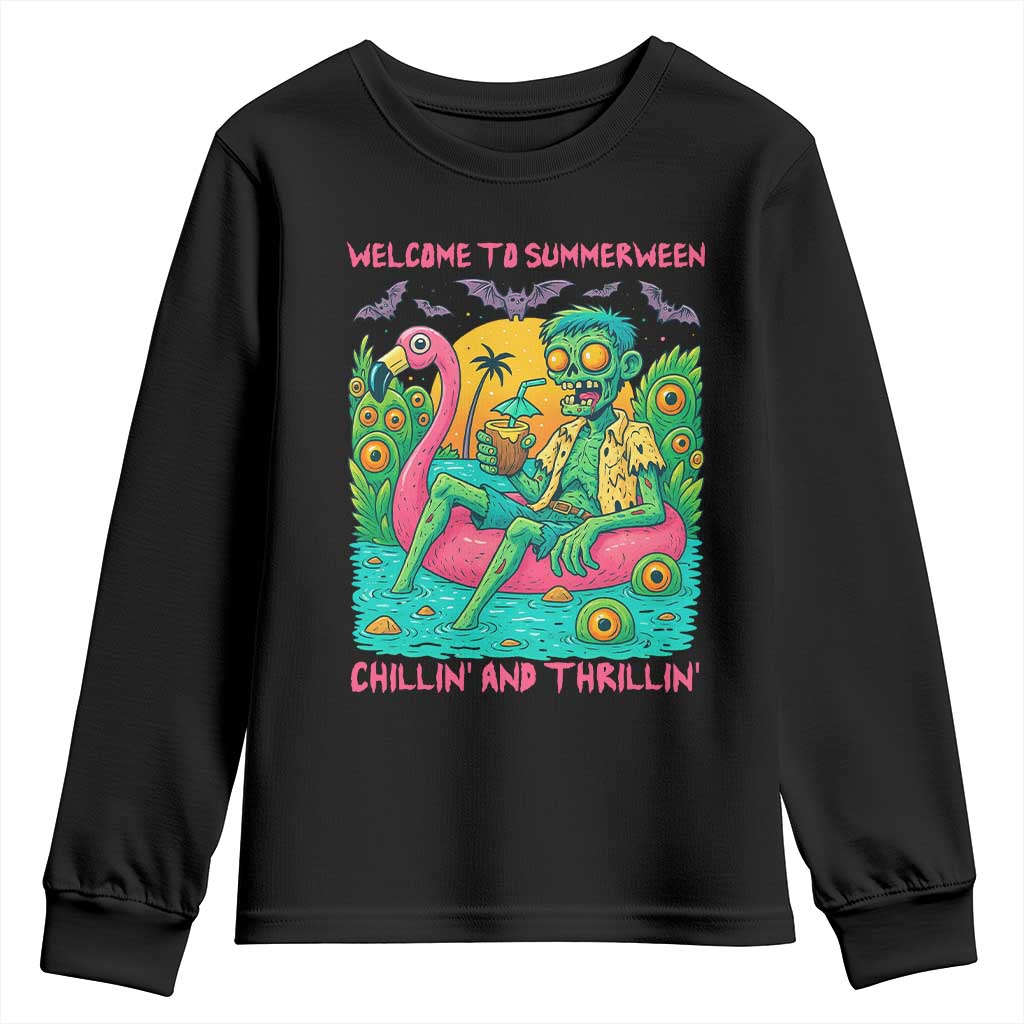 Summerween Zombie Pool Party Youth Sweatshirt Chillin and Thrillin Flamingo Float Summer Halloween