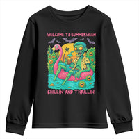 Summerween Zombie Pool Party Youth Sweatshirt Chillin and Thrillin Flamingo Float Summer Halloween