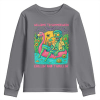 Summerween Zombie Pool Party Youth Sweatshirt Chillin and Thrillin Flamingo Float Summer Halloween