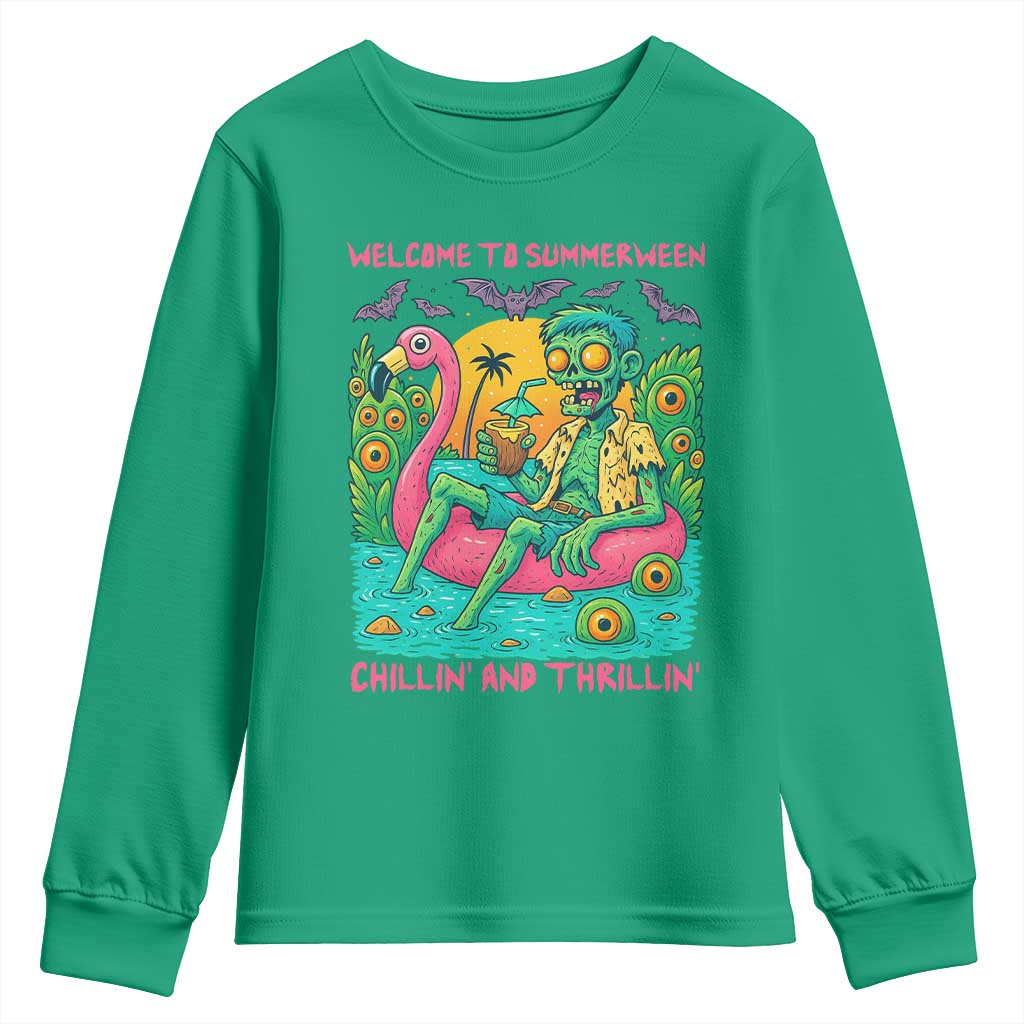 Summerween Zombie Pool Party Youth Sweatshirt Chillin and Thrillin Flamingo Float Summer Halloween