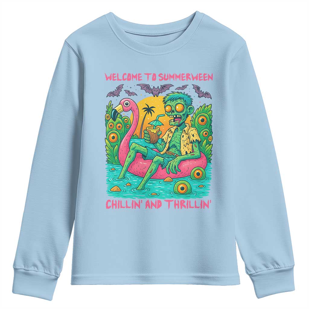 Summerween Zombie Pool Party Youth Sweatshirt Chillin and Thrillin Flamingo Float Summer Halloween