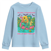 Summerween Zombie Pool Party Youth Sweatshirt Chillin and Thrillin Flamingo Float Summer Halloween