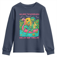 Summerween Zombie Pool Party Youth Sweatshirt Chillin and Thrillin Flamingo Float Summer Halloween