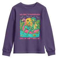 Summerween Zombie Pool Party Youth Sweatshirt Chillin and Thrillin Flamingo Float Summer Halloween