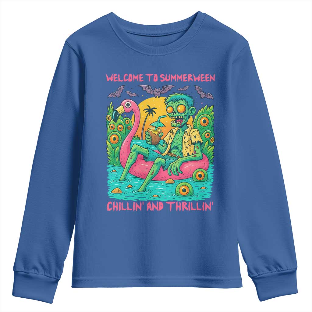 Summerween Zombie Pool Party Youth Sweatshirt Chillin and Thrillin Flamingo Float Summer Halloween