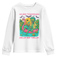 Summerween Zombie Pool Party Youth Sweatshirt Chillin and Thrillin Flamingo Float Summer Halloween