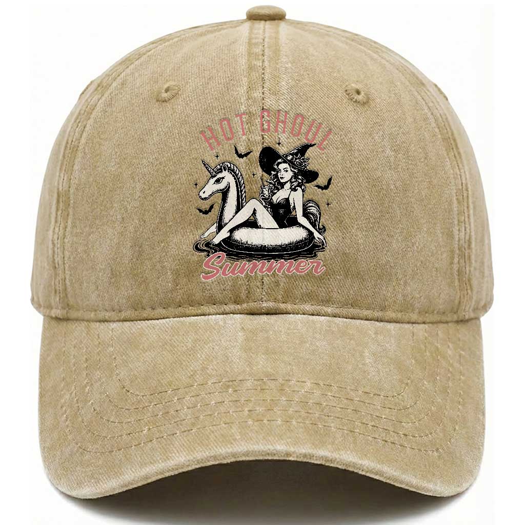 Hot Ghoul Summer Washed Cotton Baseball Cap Retro Pin Up Witch Summerween Summer Beach Halloween Vibes