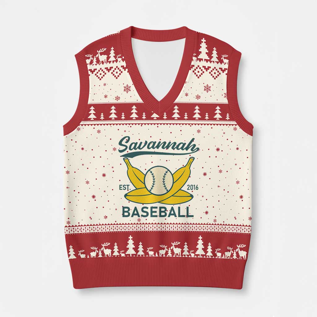 Retro Savannah Baseball Est. 2016 V-Neck Knit Sweater Vest Funny Banana and Ball Vintage Sports - Wonder Print Shop