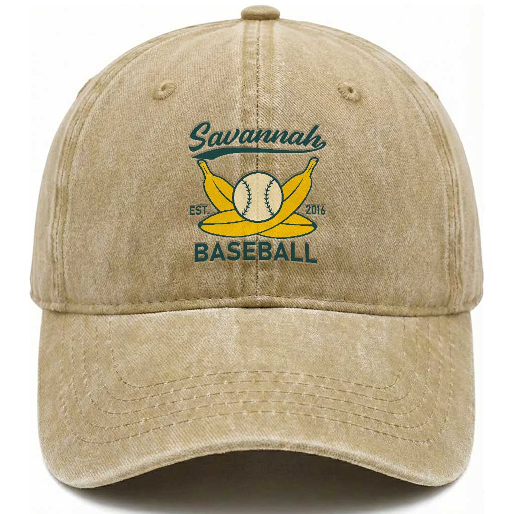Retro Savannah Baseball Est. 2016 Washed Cotton Baseball Cap Funny Banana and Ball Vintage Sports