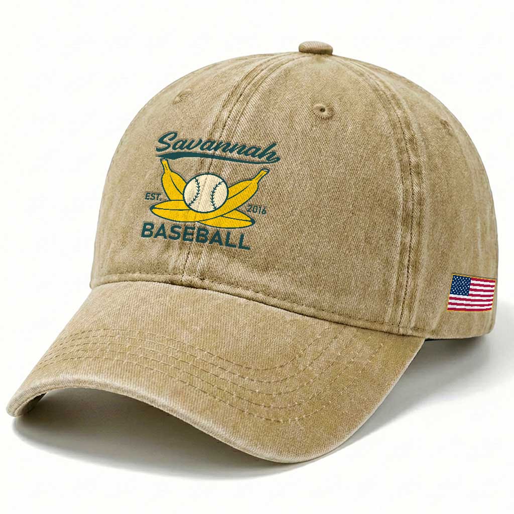 Retro Savannah Baseball Est. 2016 Washed Cotton Baseball Cap Funny Banana and Ball Vintage Sports