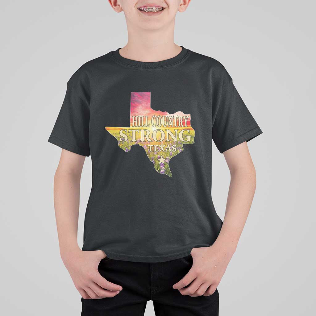 Hill Country Strong Texas T Shirt For Kid Sunset Bluebonnet Resilience - Wonder Print Shop