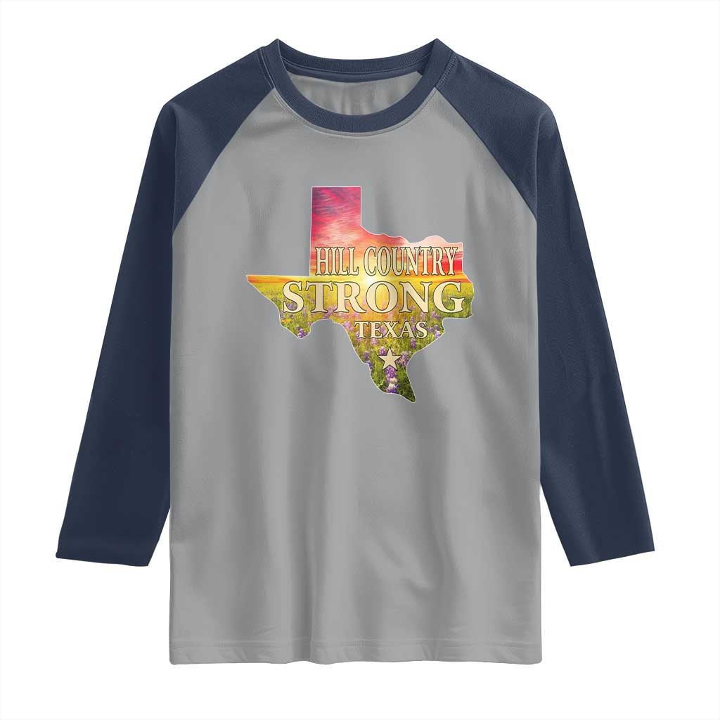 Hill Country Strong Texas Raglan Shirt Sunset Bluebonnet Resilience - Wonder Print Shop