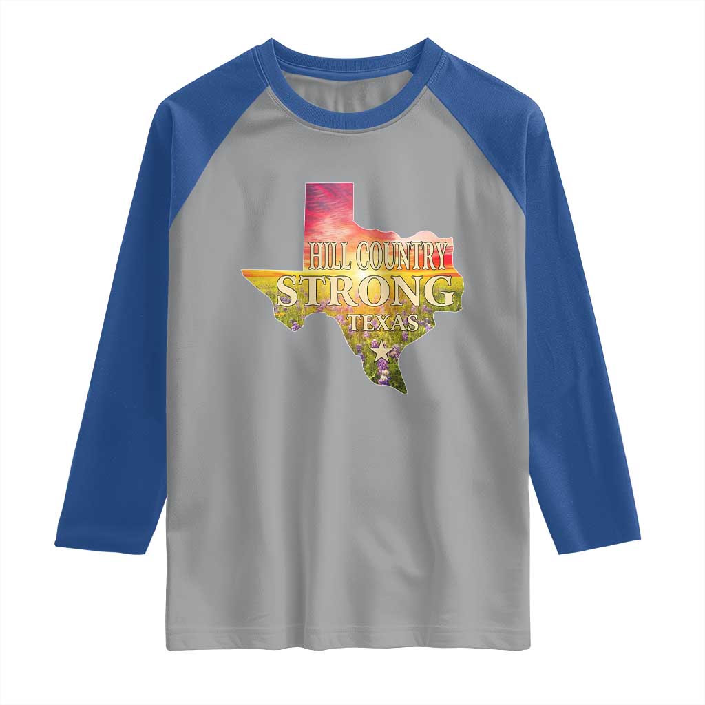 Hill Country Strong Texas Raglan Shirt Sunset Bluebonnet Resilience - Wonder Print Shop