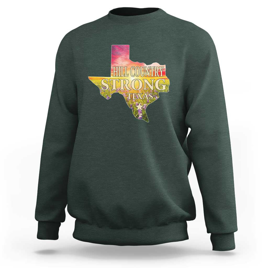 Hill Country Strong Texas Sweatshirt Sunset Bluebonnet Resilience - Wonder Print Shop