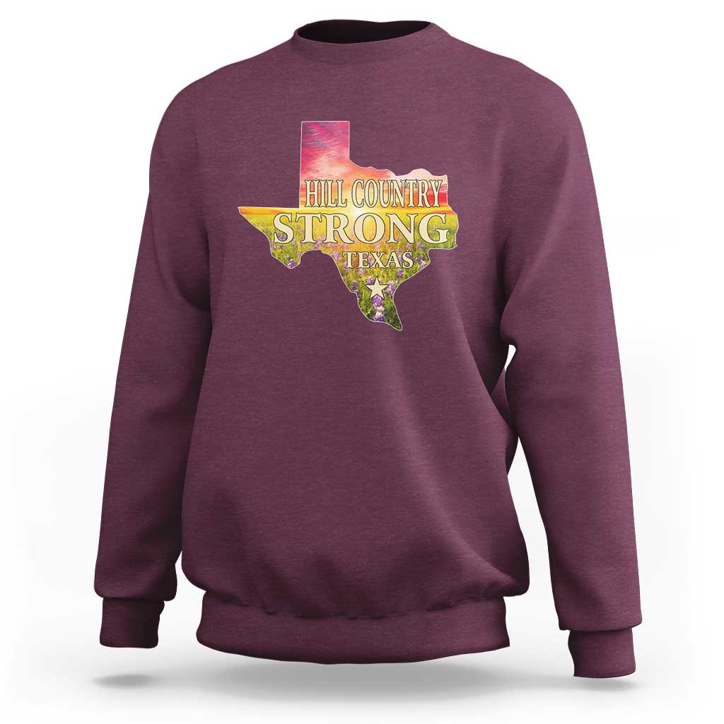 Hill Country Strong Texas Sweatshirt Sunset Bluebonnet Resilience - Wonder Print Shop