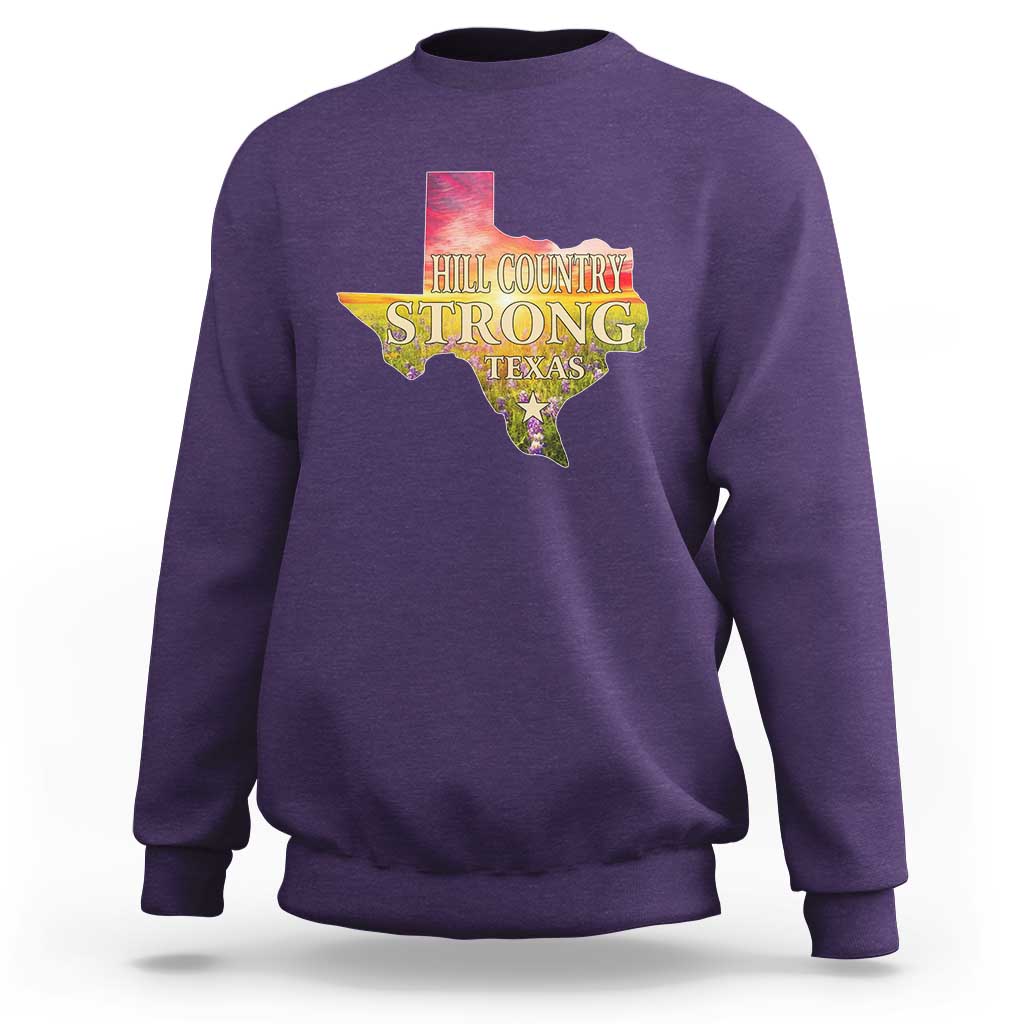 Hill Country Strong Texas Sweatshirt Sunset Bluebonnet Resilience - Wonder Print Shop