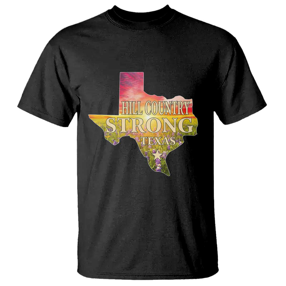 Hill Country Strong Texas T Shirt Sunset Bluebonnet Resilience - Wonder Print Shop