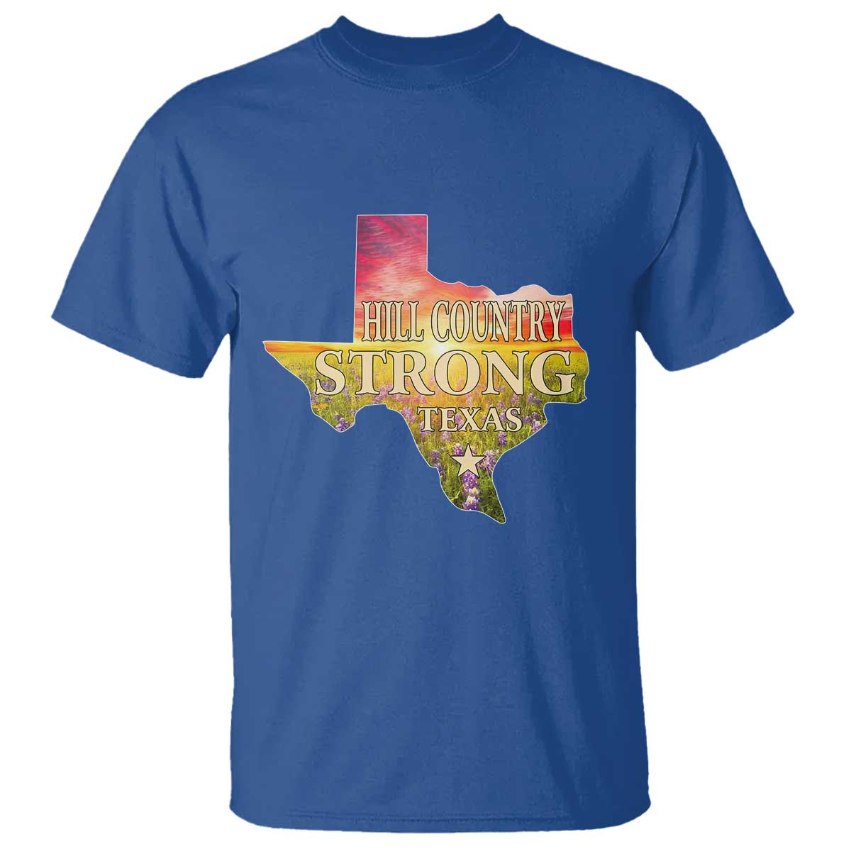 Hill Country Strong Texas T Shirt Sunset Bluebonnet Resilience - Wonder Print Shop